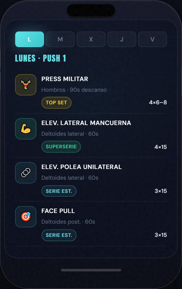 Pantalla de entrenamiento de la app: ejercicios del lunes