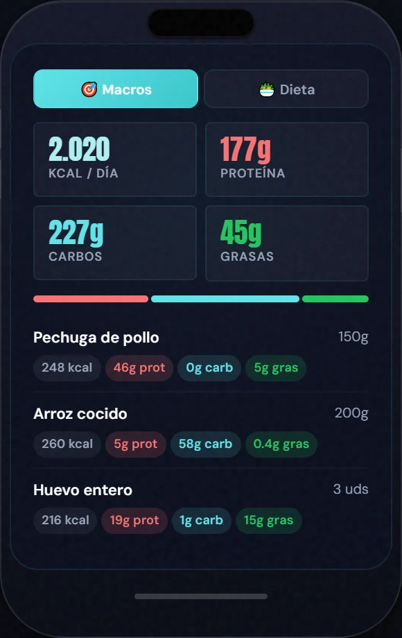 Pantalla de nutrición de la app: macros y alimentos del día